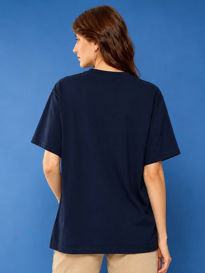 Leotude Oversized Plain T-Shirt — Women's Solid Cotton Drop-Shoulder Tee - Navy