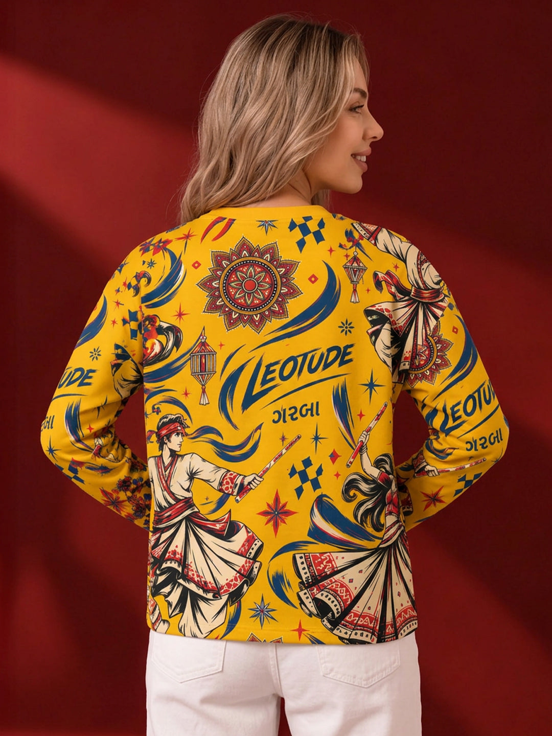 Leotude Women's Yellow Garba Print Oversized Full Sleeve T-Shirt