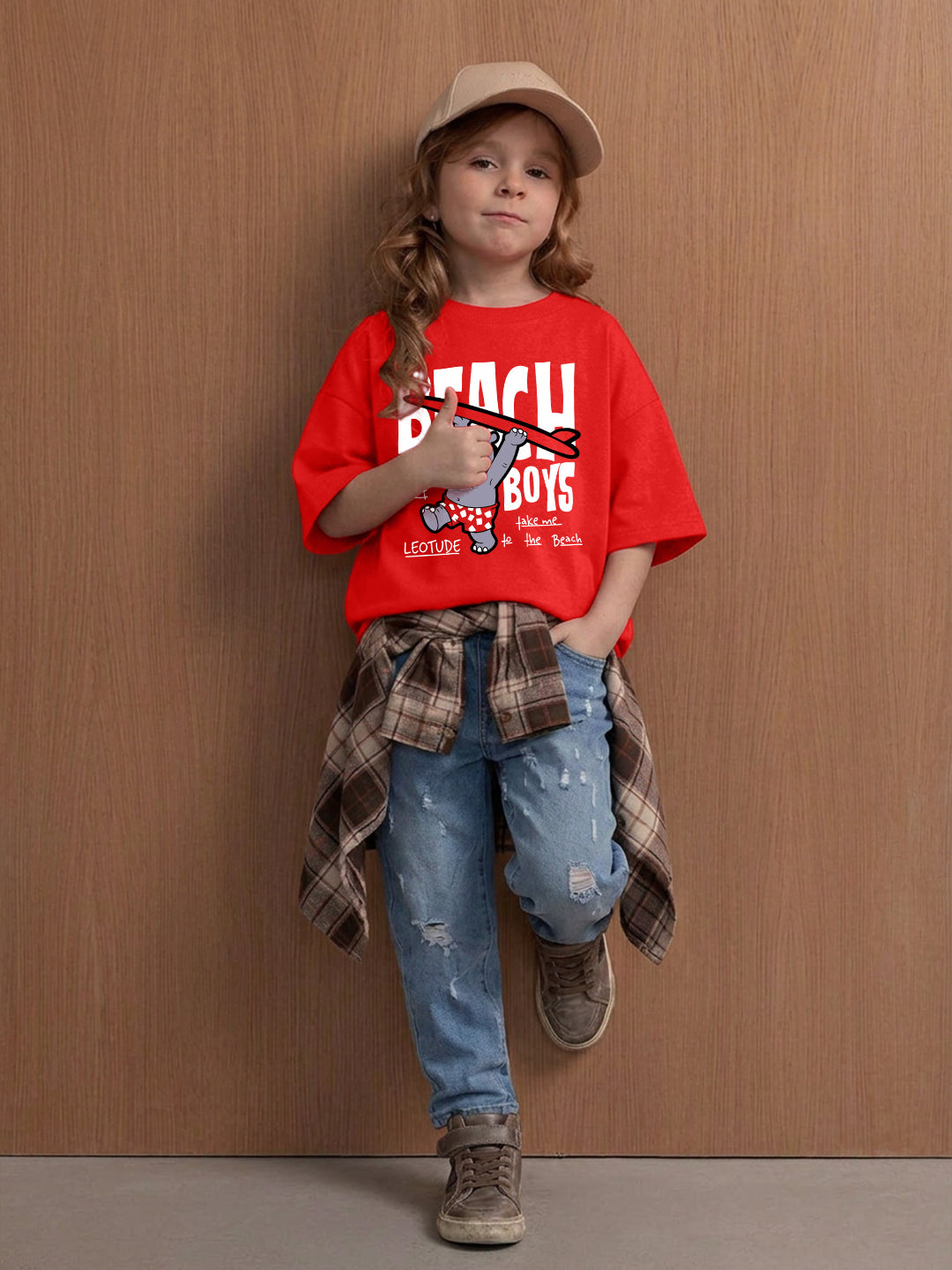 Leotude Girls' Red Beach Boys Printed T-Shirt
