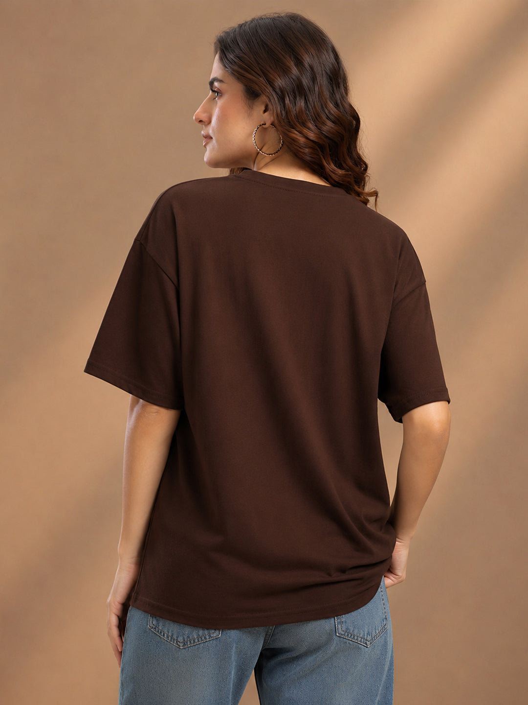 Leotude Oversized Plain T-Shirt — Women's Solid Cotton Drop-Shoulder Tee - Brown
