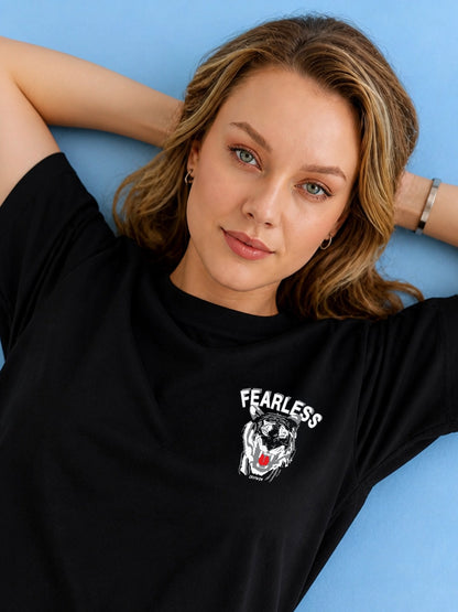 Leotude Black Fearless Printed Oversized Tshirt for Women
