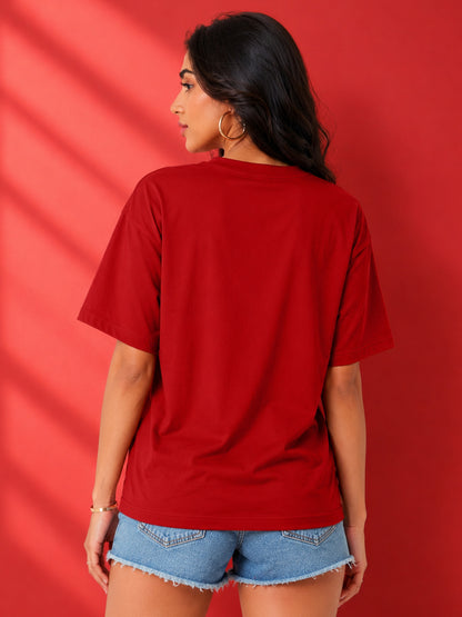 Leotude Oversized Plain T-Shirt — Women's Solid Cotton Drop-Shoulder Tee - Red