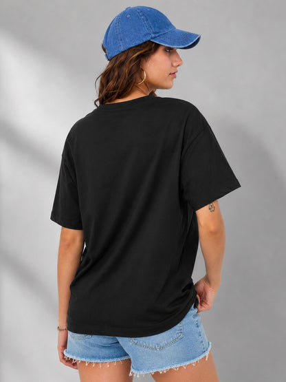 Leotude Oversized Plain T-Shirt — Women's Solid Cotton Drop-Shoulder Tee - Black