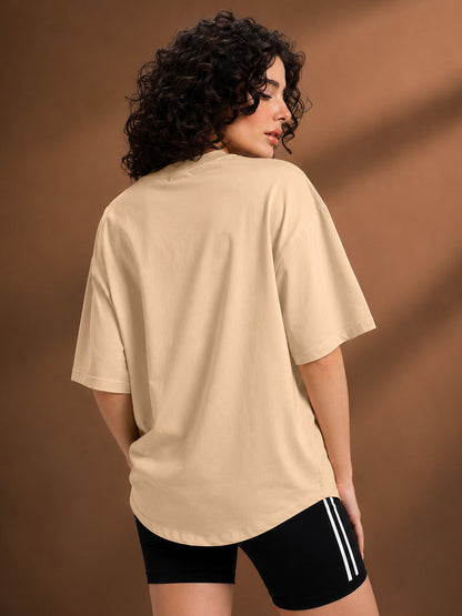 Leotude Oversized Plain T-Shirt — Women's Solid Cotton Drop-Shoulder Tee - Beige