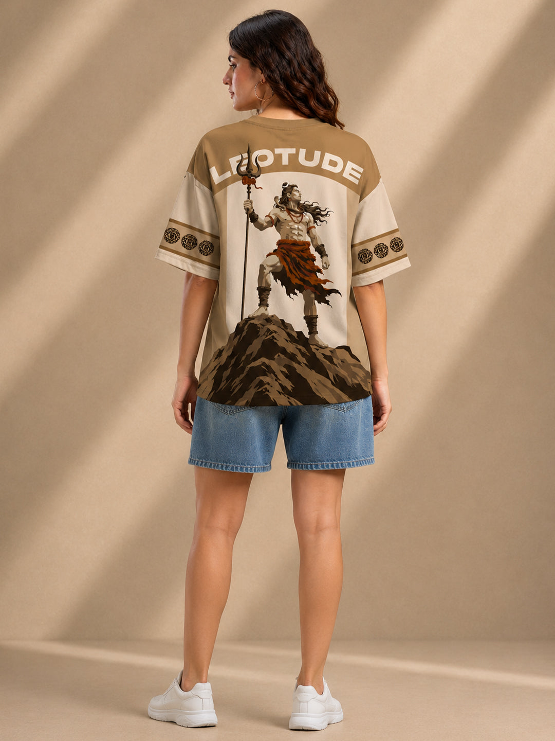 Leotude Women's Beige Mahadev Printed T-Shirt