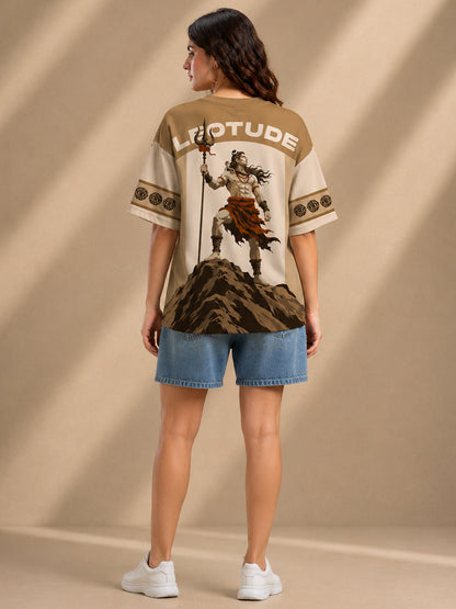 Leotude Women's Beige Mahadev Printed T-Shirt