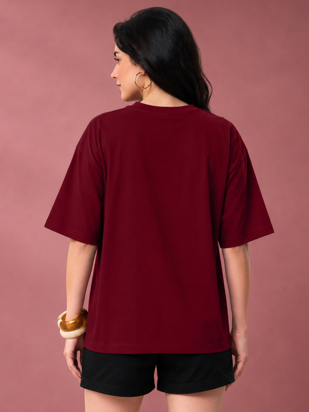 Leotude Oversized Plain T-Shirt — Women's Solid Cotton Drop-Shoulder Tee - Maroon