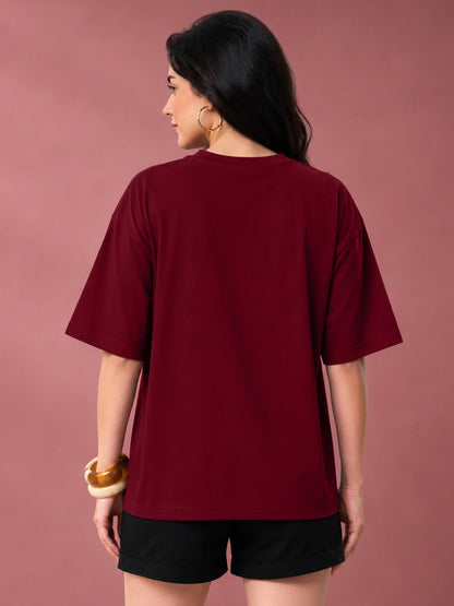 Leotude Oversized Plain T-Shirt — Women's Solid Cotton Drop-Shoulder Tee - Maroon