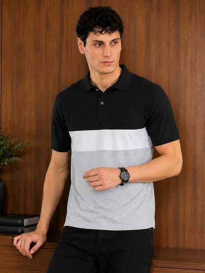 Leotude Men's Black White Grey Colour Block Polo T-Shirt