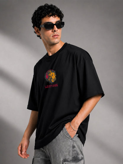 Leotude Black DJ Leo Printed Oversized Tshirt for Men