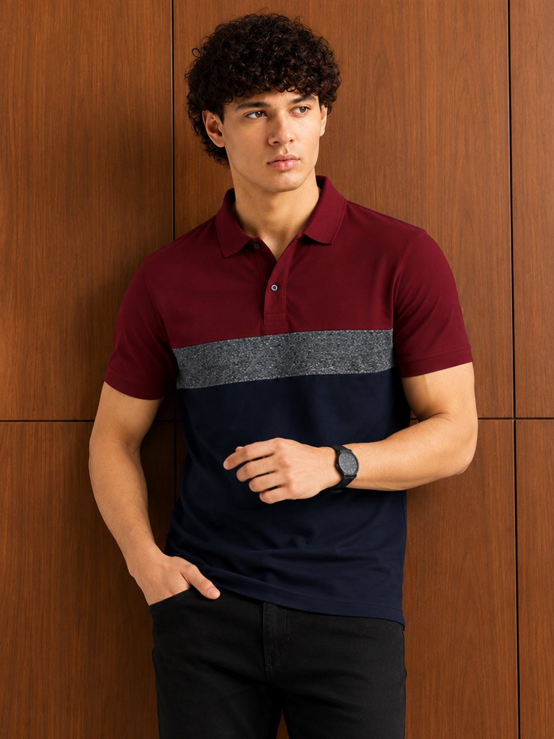 Leotude Men's Maroon Colour Block Polo T-Shirt