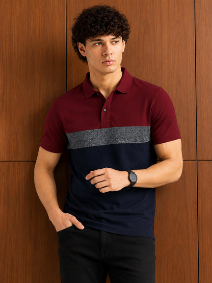 Leotude Men's Maroon Colour Block Polo T-Shirt