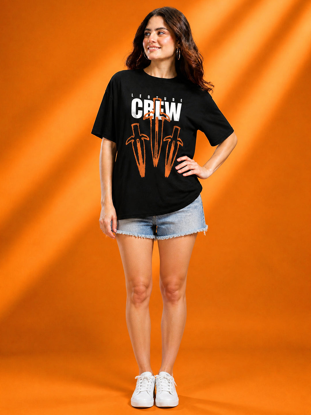 Leotude Black Crew Printed Oversized Tshirt for Women