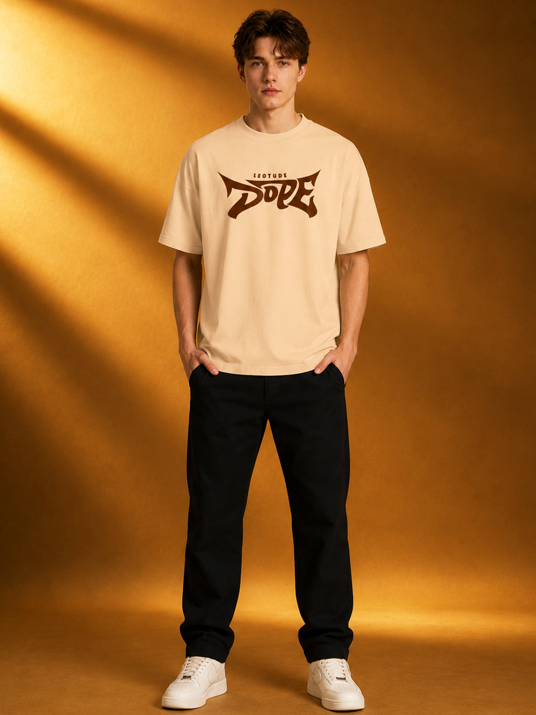 Leotude Men's Beige Dope Printed Oversized T-Shirt