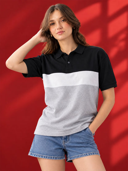Leotude Women's Black & Grey Colorblocked Polo Neck T-Shirt