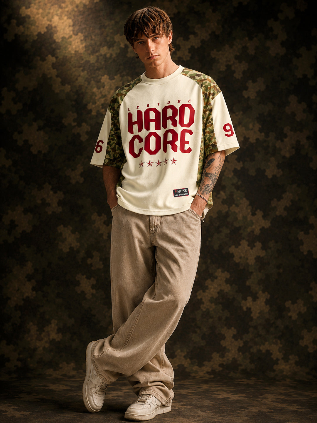 Leotude Men's White Hard Core Printed T-Shirt