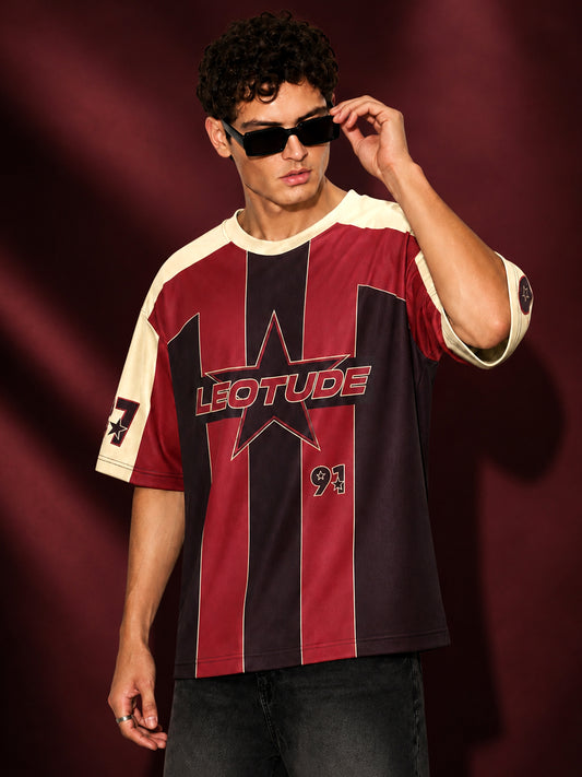Leotude Men's Maroon Star 91 Printed T-Shirt