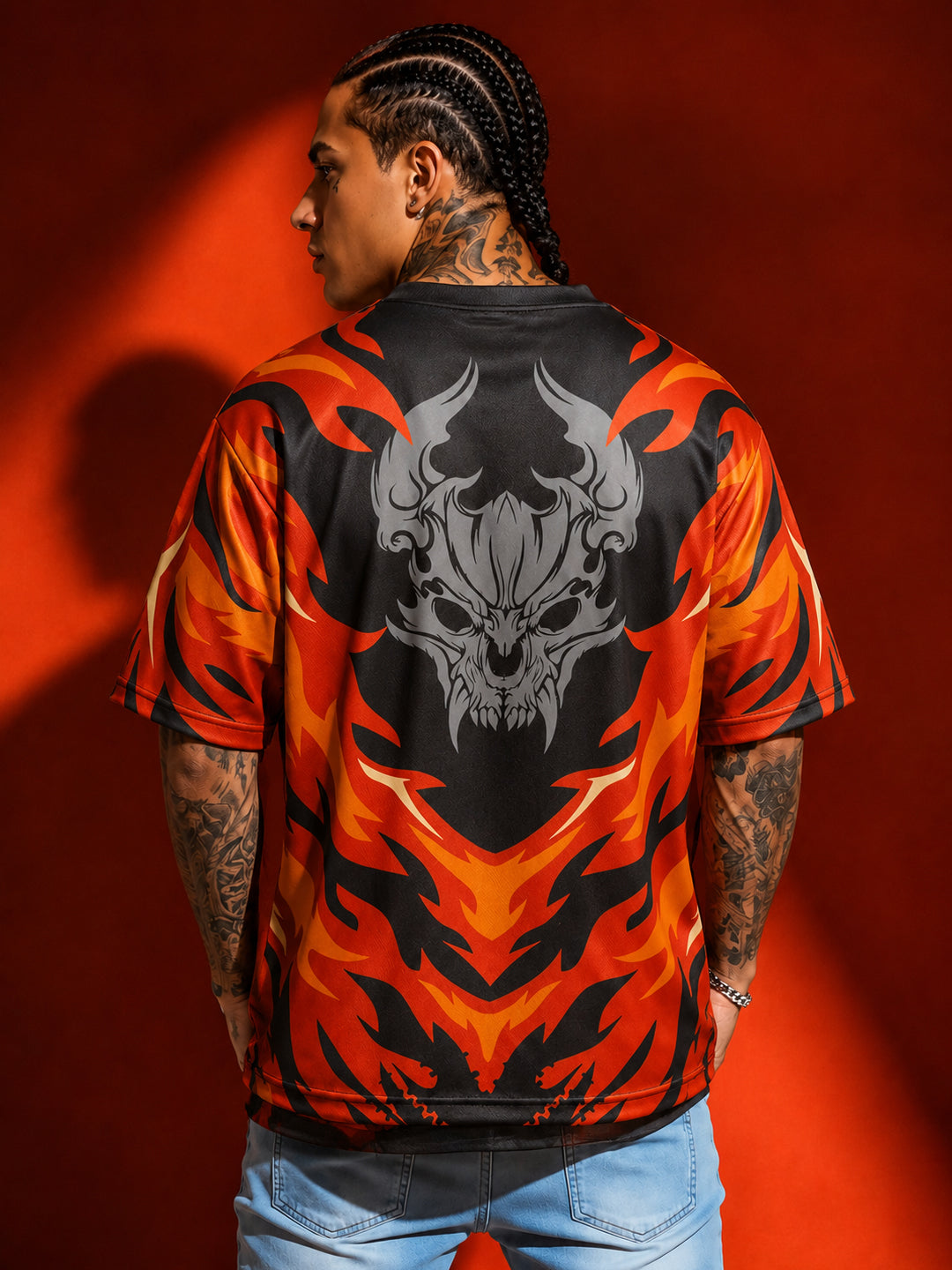 Leotude Men's Black Flame Demon Printed T-Shirt