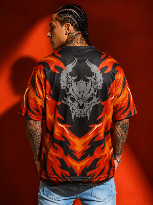 Leotude Men's Black Flame Demon Printed T-Shirt