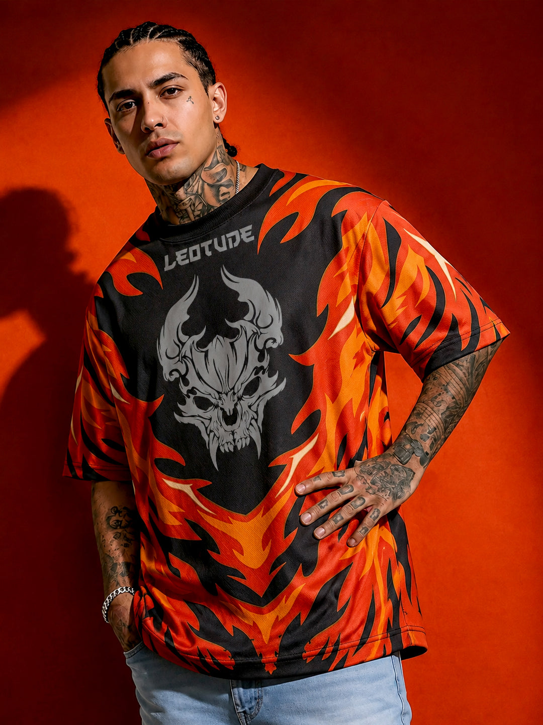 Leotude Men's Black Flame Demon Printed T-Shirt