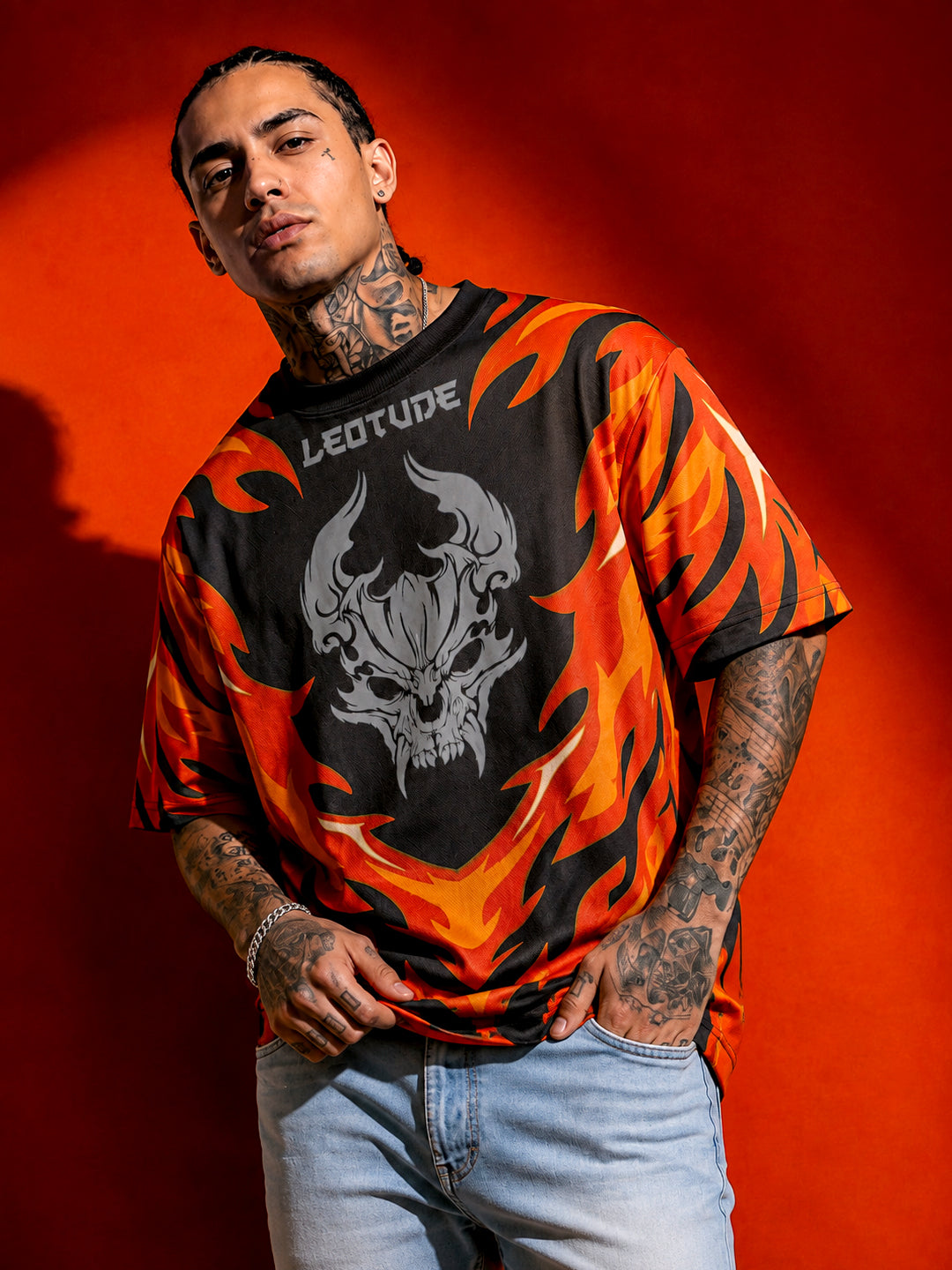 Leotude Men's Black Flame Demon Printed T-Shirt