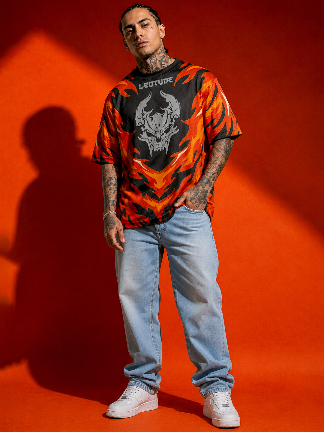 Leotude Men's Black Flame Demon Printed T-Shirt