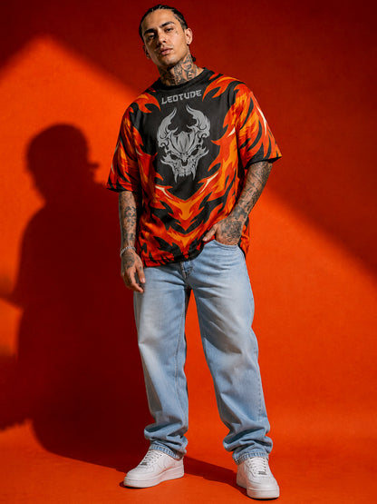 Leotude Men's Black Flame Demon Printed T-Shirt