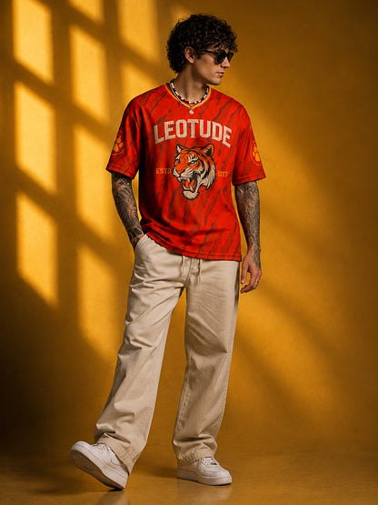 Leotude Men's Orange Tiger Printed T-Shirt