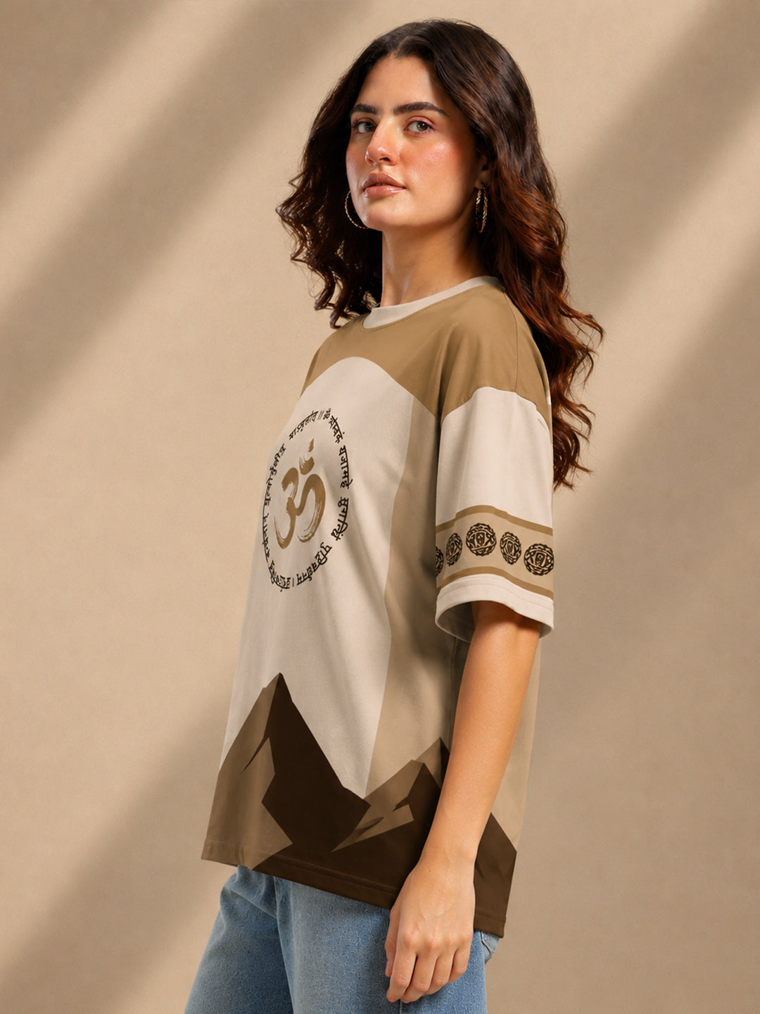 Leotude Women's Beige Mahadev Printed T-Shirt