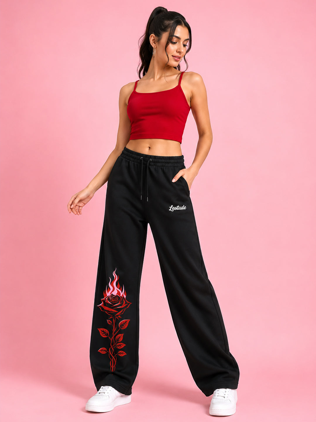 Leotude Women's Black Flame Rose Premium Trackpants