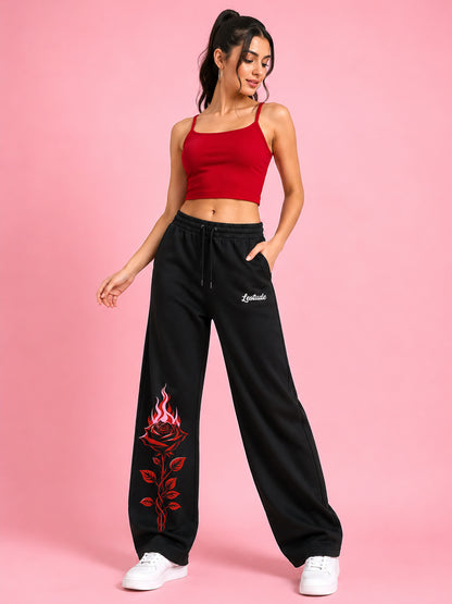 Leotude Women's Black Flame Rose Premium Trackpants