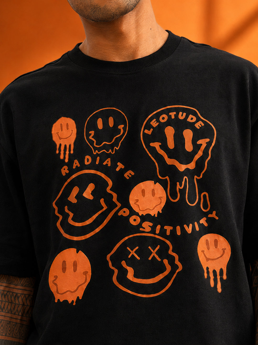 Leotude Black Emoji Printed Oversized Tshirt for Men