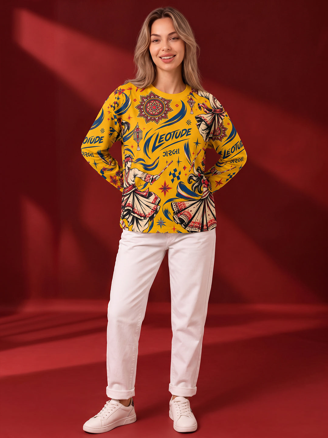 Leotude Women's Yellow Garba Print Oversized Full Sleeve T-Shirt