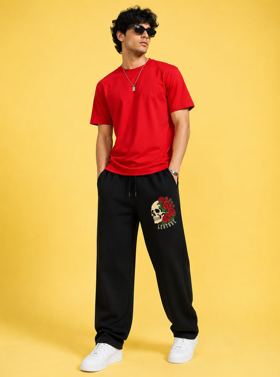 Leotude Men's Black Skull Rose Premium Trackpants