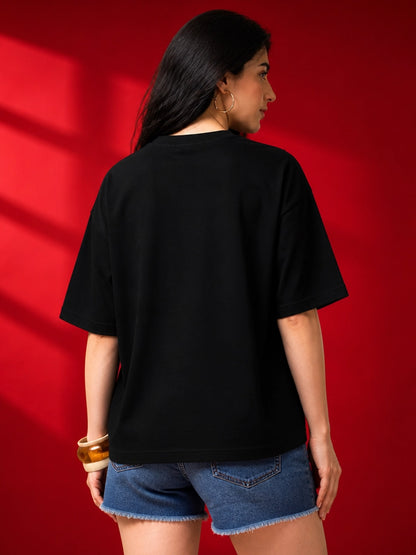 Leotude Black Chosen Printed Oversized Tshirt for Women