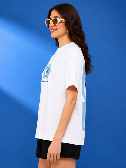Leotude Women's "Shiv" Trishul Printed T-Shirt — White Oversized Backprint Tee
