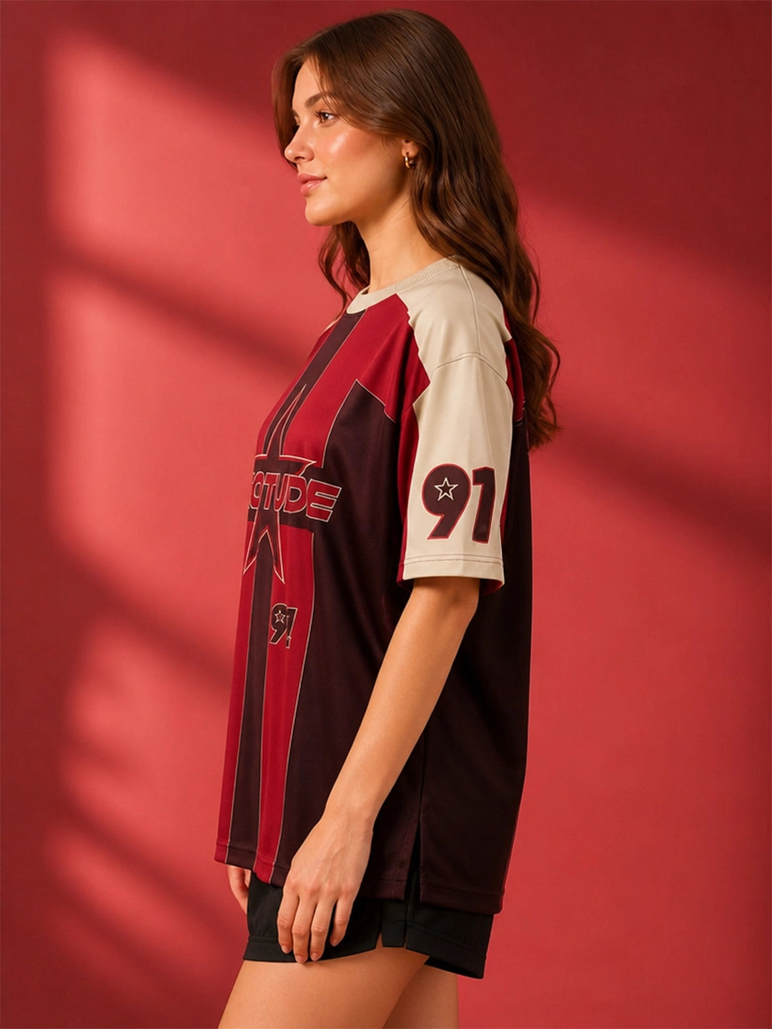 Leotude Women's Maroon Star 91 Printed T-Shirt