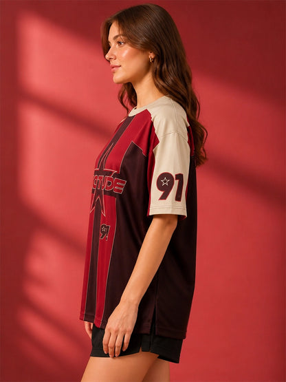 Leotude Women's Maroon Star 91 Printed T-Shirt