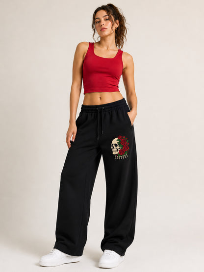 Leotude Women's Black Skull Rose Premium Trackpants