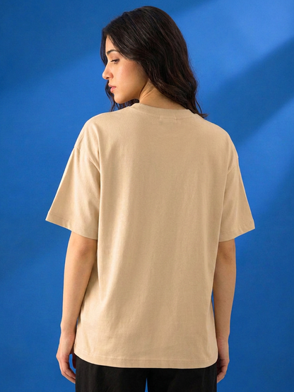 Leotude Beige Talk Printed Oversized Tshirt for Women