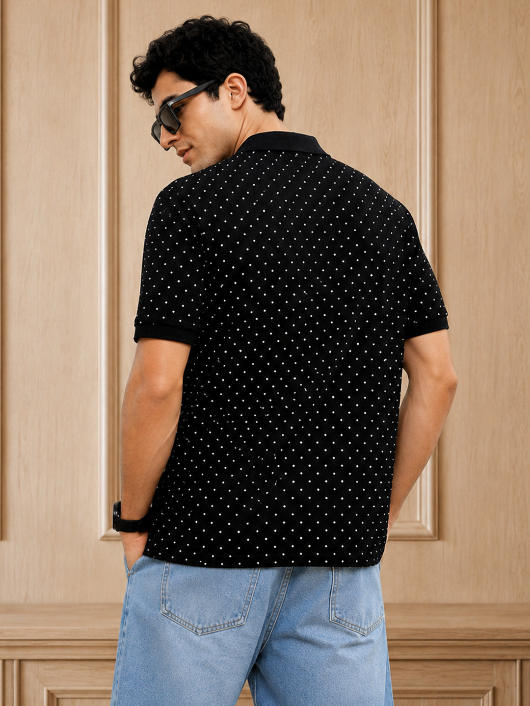 Leotude Men's Black Polka Dot Printed Polo T-Shirt