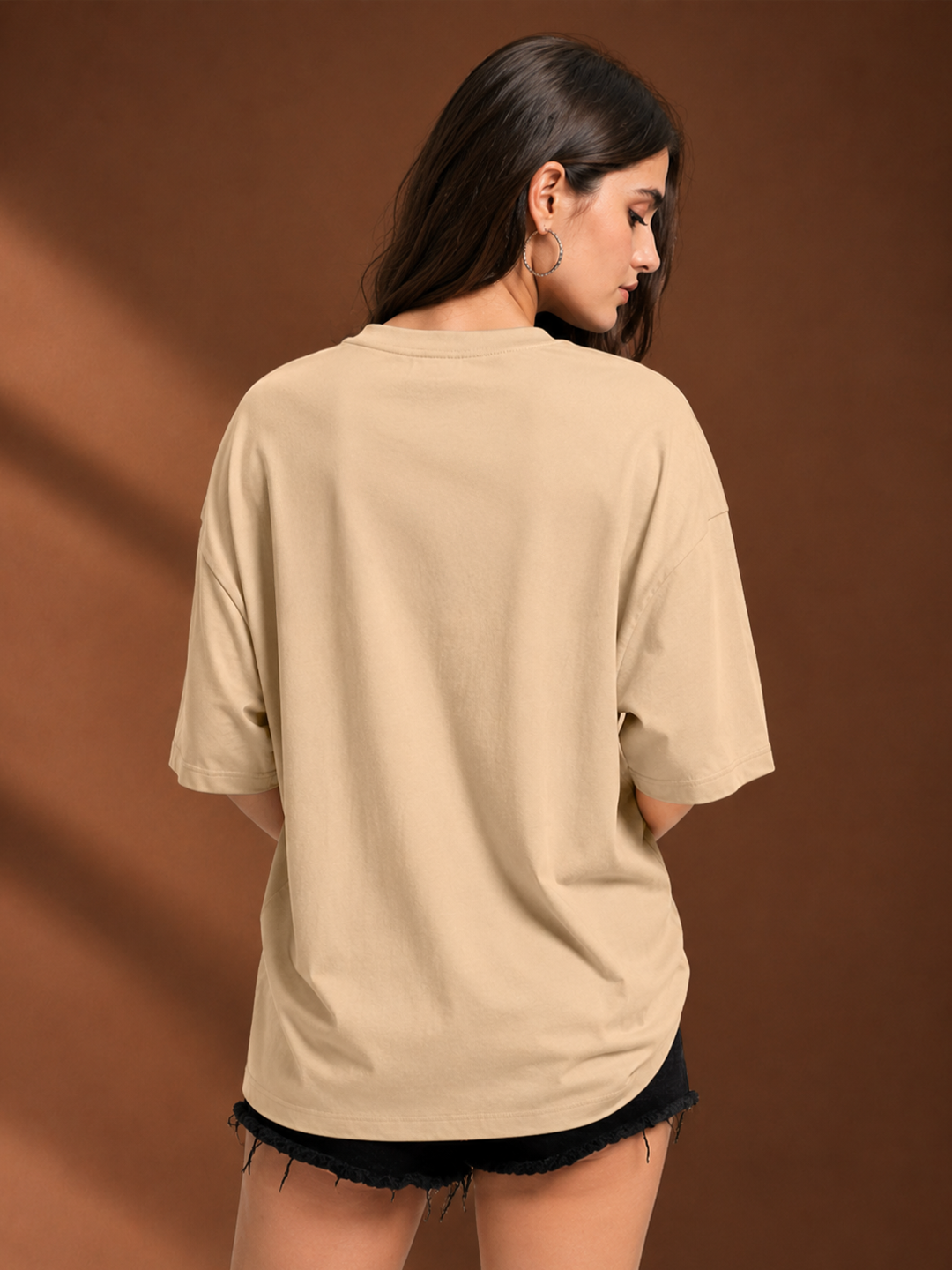 Leotude Beige Boston Printed Oversized Tshirt for Women