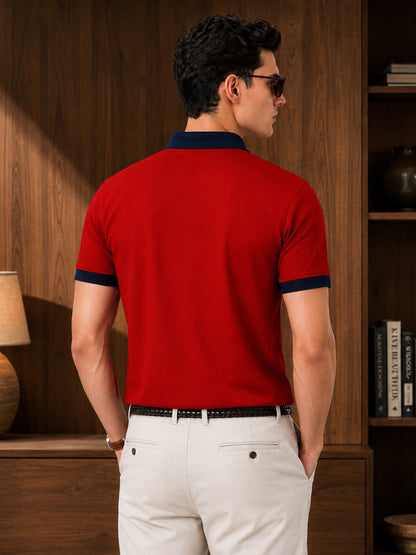 Leotude Men's Red Contrast Collar Polo T-Shirt