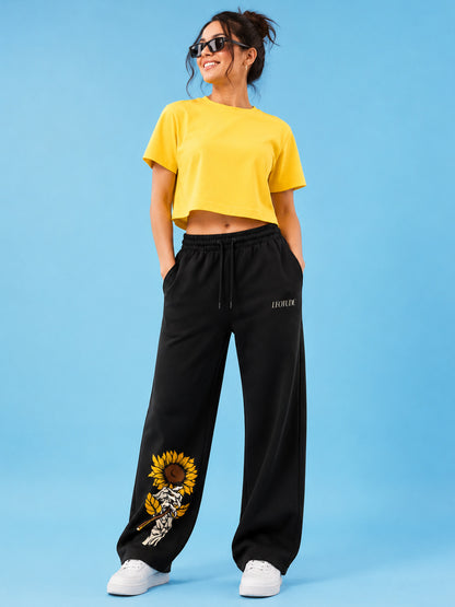 Leotude Women's Black Sunflower Premium Trackpants