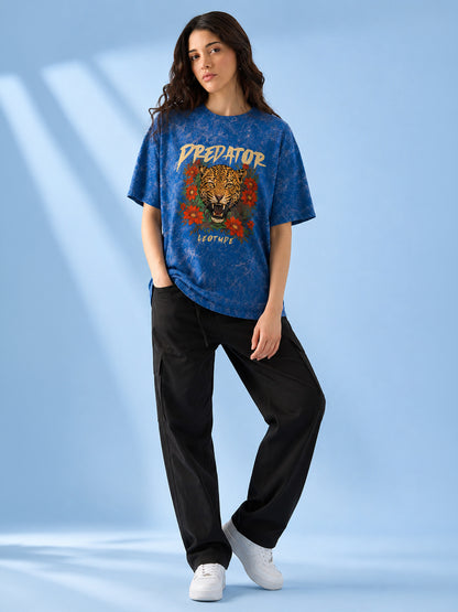 Leotude Women's Blue PREDATOR Printed T-Shirt