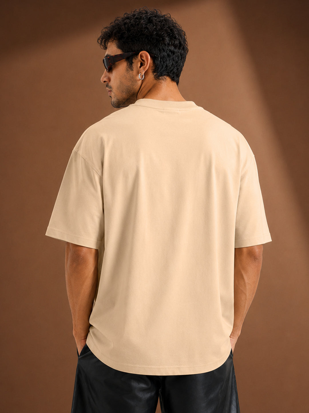 Leotude Men's "Shark" Printed Oversized T-Shirt — Beige Streetwear Tee