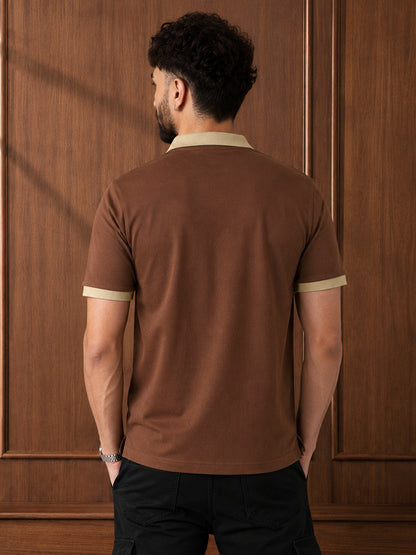 Leotude Men's Brown Contrast Collar Polo T-Shirt