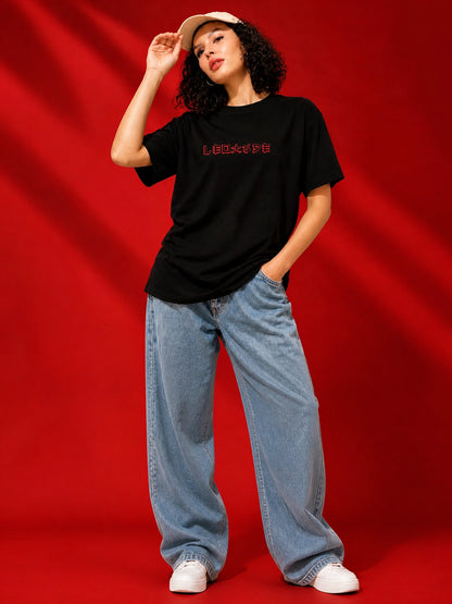 Leotude Black Free Soul Printed Oversized Tshirt for Women