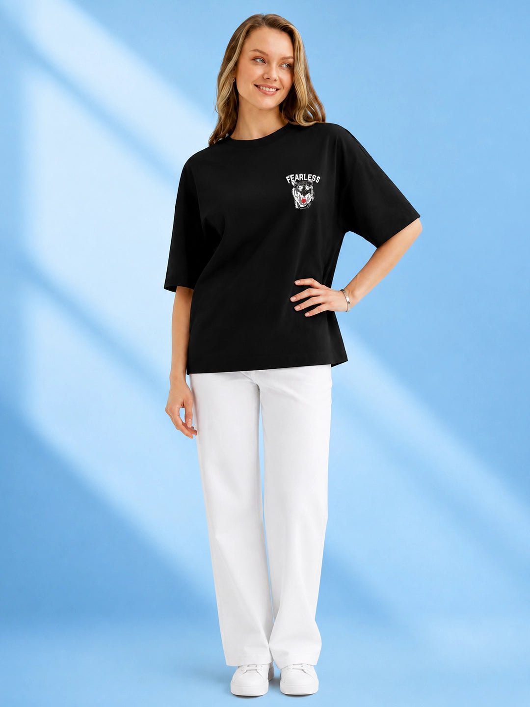 Leotude Black Fearless Printed Oversized Tshirt for Women
