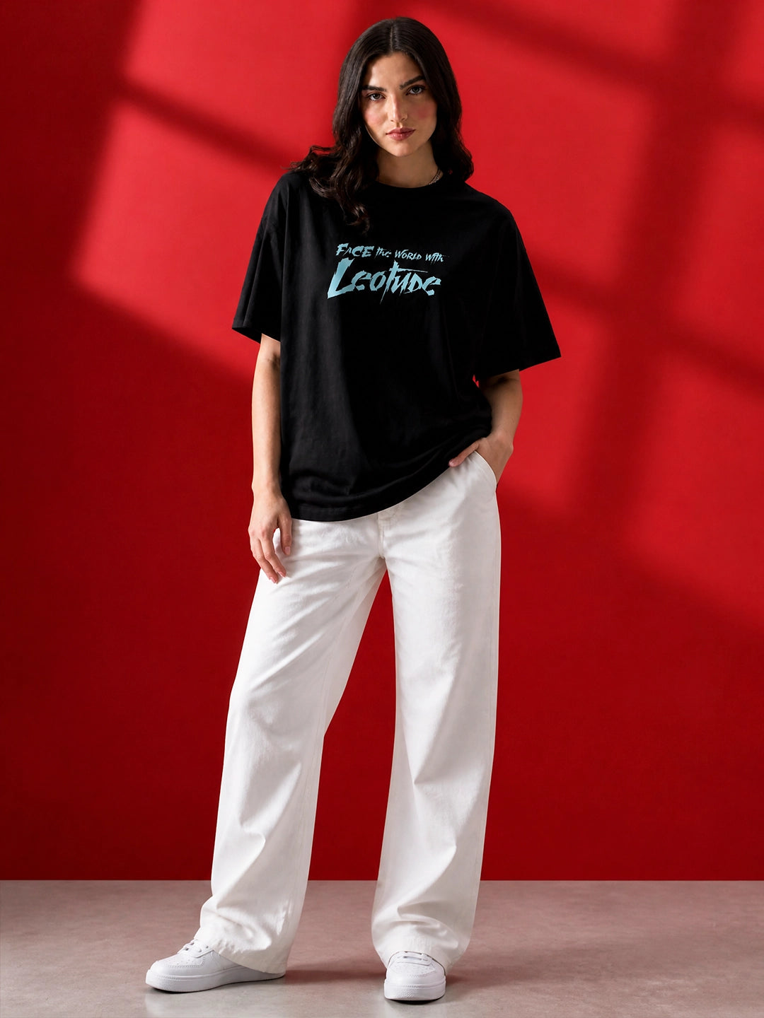 Leotude Black Abstract Faces Printed Oversized Tshirt for Women